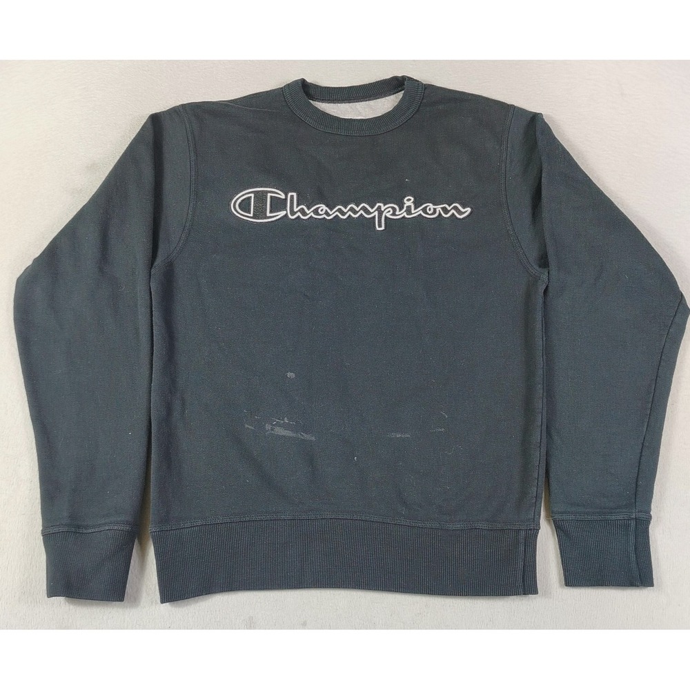 Champion Sweatshirt Mens Small Black Fleece Crewneck Embroidered Distressed